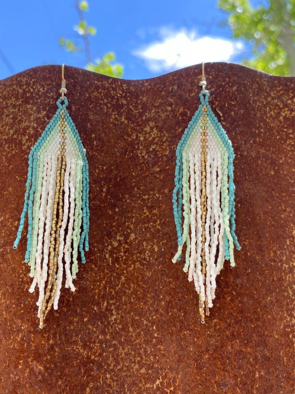 INK + ALLOY Jane Triangle with Stripe Beaded Fringe Earrings Teal - Picture 5 of 7